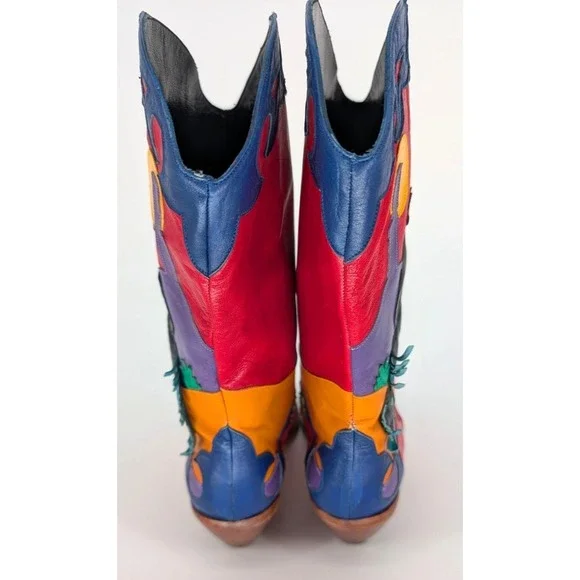 VTG Zalo Multicolor Leather Fringe Cowboy Boots 6.5 Western Boho Festival Art